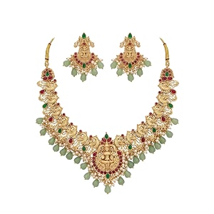 antique gold plated temple jewellery necklace set with earrings for women traditional indian bridal necklace set south indian choker haram style jewellery set ethnic wedding for women