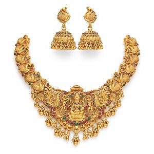 antique gold plated temple jewellery necklace set with earrings for women traditional indian bridal necklace set south indian choker haram style jewellery set ethnic wedding for women