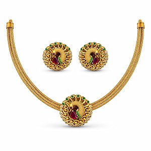 antique gold plated temple jewellery necklace set with earrings for women traditional indian bridal necklace set south indian choker haram style jewellery set ethnic wedding for women