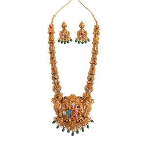 antique gold plated temple jewellery necklace set with earrings for women traditional indian bridal necklace set south indian choker haram style jewellery set ethnic wedding for women