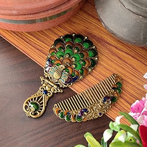 antique peacock hand mirror and comb set for girls - beautiful handicraft compact mirror