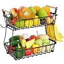 ANTOPY 2 Tier Fruit Basket with 2 Banana Hangers, Countertop Fruit Vegetable Basket Bowl for Kitchen Counter Metal Wire Fruits Storage Stand Holder Organizer for Bread Snack Veggies Produce