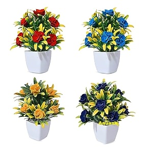 anuash rose artificial flower plant with pot for home decoration  small faux flower plant for table desk living room bedroom amp office decor  decorative artificial plant 16 cm height