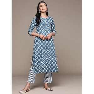 anubhutee Womens Cotton Blue Floral Printed Straight