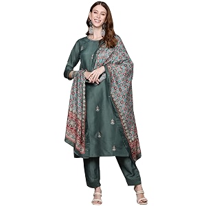 anubhutee Womens Muslin Green Floral Embroidered Straight