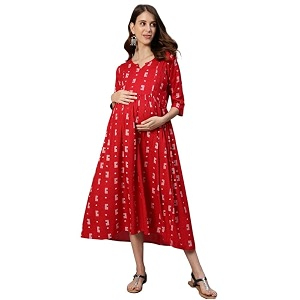 anubhutee Womens Red Geometric Printed Maternity Flared
