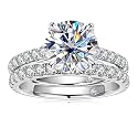 AnuClub (Total 4.14ct 3CT Center Moissanite Engagement Rings Wedding Band D Color VVS1 Round Cut 925 Sterling Silver Bridal Sets for Women