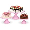Non Revolving Cake Stand Pedestal 13", 11", 9" Diameter (Top), Strong Metal (Set/3, Pink)