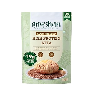anveshan high protein atta 1 kg  10g plant proteinroti  ancient khapli wheat  pea amp brown rice protein  no soy no maida  low gi complete amino acids