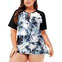 AOBUTE Women Plus Size Rash Guard Zipper Short Sleeve SPF Swim Shirts