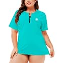 AOBUTE Women Plus Size Rash Guard Zipper Short Sleeve SPF Swim Shirts