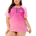 AOBUTE Women Plus Size Rash Guard Zipper Short Sleeve SPF Swim Shirts