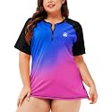AOBUTE Women Plus Size Rash Guard Zipper Short Sleeve SPF Swim Shirts