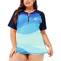 AOBUTE Women Plus Size Rash Guard Zipper Short Sleeve SPF Swim Shirts