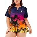 AOBUTE Women Plus Size Rash Guard Zipper Short Sleeve SPF Swim Shirts