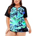 AOBUTE Women Plus Size Rash Guard Zipper Short Sleeve SPF Swim Shirts