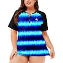 AOBUTE Women Plus Size Rash Guard Zipper Short Sleeve SPF Swim Shirts