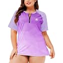 AOBUTE Women Plus Size Rash Guard Zipper Short Sleeve SPF Swim Shirts