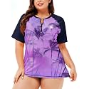 AOBUTE Women Plus Size Rash Guard Zipper Short Sleeve SPF Swim Shirts