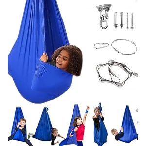 aokitec therapy swing for kids with special needs hardware included snuggle swing cuddle hammock indoor adjustable aerial yoga for children with autism adhd asperger sensory integrationblue