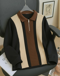 AOOSH Colorblock Striped Men Polo Neck Brown
