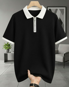 AOOSH Self Design Men Zip Neck Black