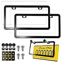 Aootf License Plate Frames Covers - Stainless Steel Black Car Tag Holder and Clear Flat Shield, Unbreakable Front Rear Protector with Screws Caps, 2 Sets