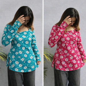 AOSLY Casual Printed Women Blue Red Top