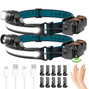 headlamp rechargeable 2 pack 1000 lumenwith 270 wide beam headlights with motion sensor super bright 6 modes lightweight waterproof for outdoor running camping hiking fishing