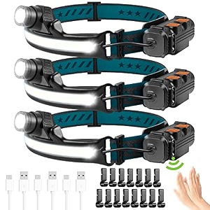headlamp rechargeable 3 pack 1000 lumenwith 270 wide beam headlights with motion sensor super bright 6 modes lightweight waterproof for outdoor running camping hiking fishing