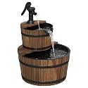 Aoxun 2-Tier Outdoor Water Fountain, Wood Barrel Cascading with Electric Decorative Hand Pump, Rustic Waterfall Fountain for Garden, Backyard, Patio, Porch, Yard