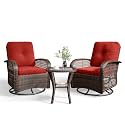 Aoxun 3 Pieces Patio Furniture Set, Patio Swivel Rocker Chairs Set of 2, Wicker Outdoor Bistro Set with Rocking Chair, Thickened Cushions and Table for Porch (Red)