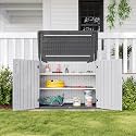 Aoxun White Outdoor Storage Cabinet with 2 Shelves, 35 Cu.Ft Trash Can Storage Shed, Waterproof, Horizontal Storage for Garbage Bin, Generator, Lawn Mower
