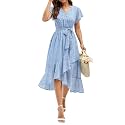 Aoysky Women's Bohemian Floral Printed Short Sleeve Summer Dress Wrap V Neck Beach Flowy Ruffle Hem Midi Dresses Sky Blue