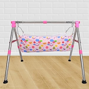 apav fully foldable portable cradle with round frame multi-use indian style folding ghodiyu  comfortable cotton seat  stainless steel cradle pink