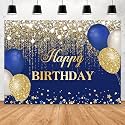 Blue and Gold Happy Birthday Backdrop 7x5ft Glitter Golden Dots Diamonds Balloons Women Girls Sweet 16 Bday Photography Background Party Decorations Cake Table Banner Photo Booth Props