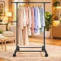 APEXCHASER Heavy-Duty Metal Hanger Stand for Clothes Hanging, Garment Stand Rack Clothe Storage Freestanding Cloth Hanging Stand for Bedroom, Entryway, Living Room (A - BLACK)