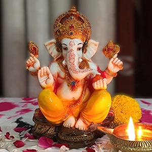 marble dust ganesh idol  vinayaka statue  ganpati murti  ganesha idol for home decor  showpieces  gift items for diwali - yellow-red 65 inch ganpati idol