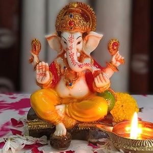 marble dust ganesh idol  vinayaka statue  ganpati murti  ganesha idol for home decor  showpieces  gift items for diwali - yellow-red 65 inch ganpati idol