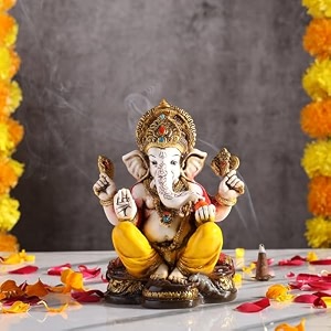 marble dust ganesh idol  vinayaka statue  ganpati murti  ganesha idol for home decor  showpieces  gift items for diwali - yellow-red 65 inch ganpati idol