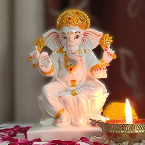 marble dust ganesh idol  vinayaka statue  ganpati murti  ganesha idol for home decor  ganpati idol for diwali decorations anniversary - 734 white kamal
