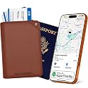Apple MFi Certified Trackable Passport Holder for Travel (iOS Only) Works with Apple Find My, Rechargeable Passport Cover Air 3-Year Battery Life, Brown RFID Blocking Travel Wallet Gift