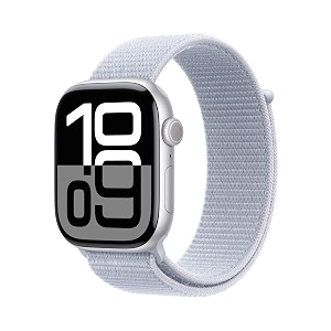 apple watch series 10 gps 46 mm smartwatch with silver aluminium case with blue cloud sport loop fitness tracker ecg app always-on retina display carbon neutral
