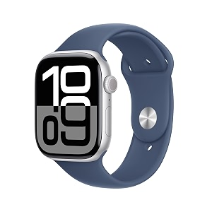 apple watch series 10 gps 46 mm smartwatch with silver aluminium case with denim sport band - ml fitness tracker ecg app always-on retina display water resistant
