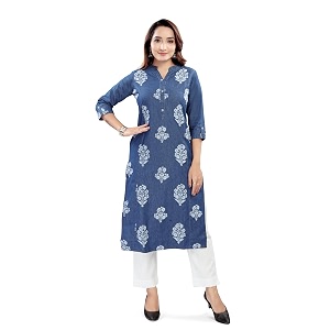 Aprika Printed Straight Denim Kurta for Women