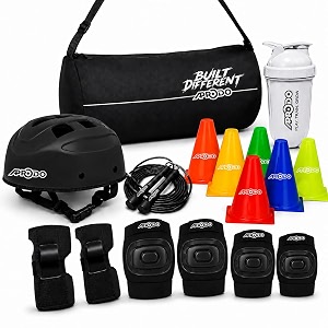 aprodo black kids skating safety kit with helmet knee elbow amp wrist guards skipping rope 6 training cones water bottle amp carry bag protective gear set for skating cycling amp outdoor sports