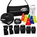 APRODO Black Kids Skating Safety Kit with Helmet, Knee Elbow & Wrist Guards, Skipping Rope, 6 Training Cones, Water Bottle & Carry Bag, Protective Gear Set for Skating, Cycling & Outdoor Sports