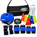 APRODO Blue Kids Skating Safety Kit with Helmet, Knee Elbow & Wrist Guards, Skipping Rope, 6 Training Cones, Water Bottle & Carry Bag, Protective Gear Set for Skating, Cycling & Outdoor Sports
