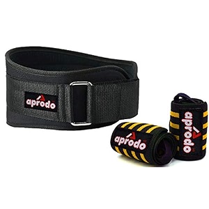 aprodo fitness combo weight lifting belt back support 45 inch wide with extra premium wrist support 1 pair for men and women black yellow combo medium 323939 - 363939