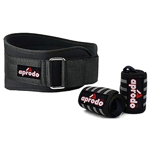 aprodo fitness combo weight lifting belt back support 45 inch wide with extra premium wrist support 1 pair for men and women black grey combo large 363939 - 403939